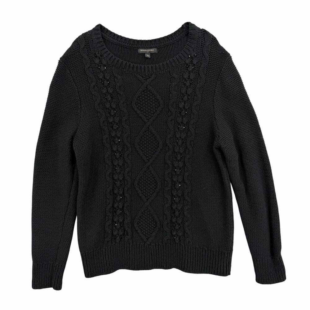 Banana Republic Black Chunky Fisherman Knit Bead Sparkle Embellished Sweater